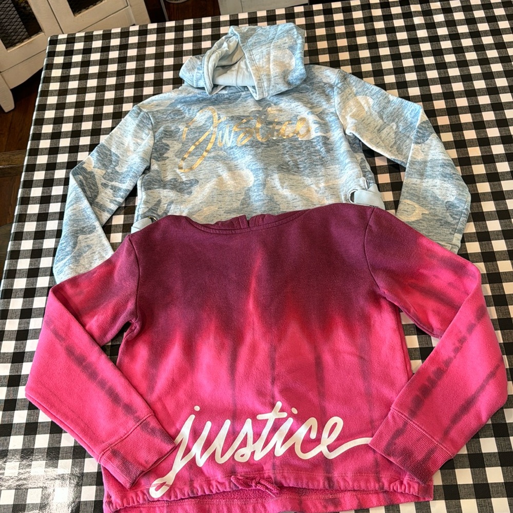 2 Justice sweatshirt hoodies blue camo & pink tie dye- size 10